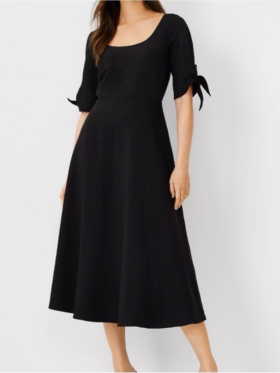 Ann Taylor Dresses & Skirts - Ann Taylor Black Midi Dress with Tie Sleeves rayon and linen blend